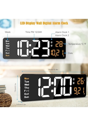 Artfulabode Uzaktan Kumandalı Dijital Duvar Saati 12/24h Led Tarih Sıcaklık Göstergesi Mavi 16 İnç Çalar Camgöbeği