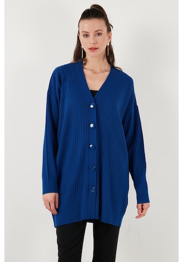 Lela V Yaka Düğmeli Uzun Triko Bayan Hırka 4616040Y Mürekkep