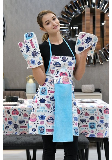 Damla Sıvı Geçirmez Masa Örtüsü Ve Mutfak Önlüğü Seti Runner Masa Örtüsü Modelleri Turkuaz