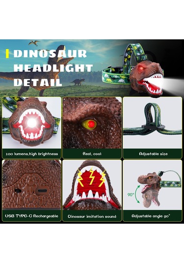 Dofolink Çocuklar İçin Dinozor Şekilli Şapka Feneri - Usb Şarjlı, Işıklı Ve Sesli, Outdoor Maceralar İçin Güvenli Oyuncak Çok Renkli