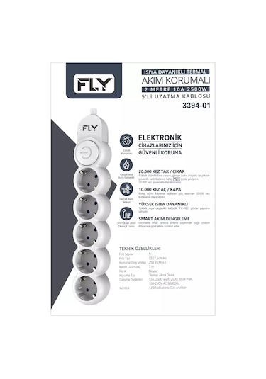 Fly 3394-01 Termal Akım Korumalı 5 Prizli Anahtarlı Kablo 2 Metre