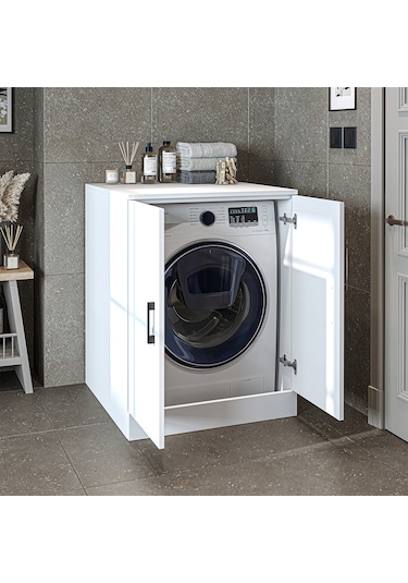 Çamaşır Kurutma Makinesi Alt Dolabı Kapaklı Banyo Alt Dolap.11 Mat Beyaz