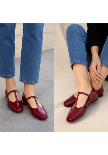 Siyah Süet T-strap Mary Jane Tasarım Babet Bordo