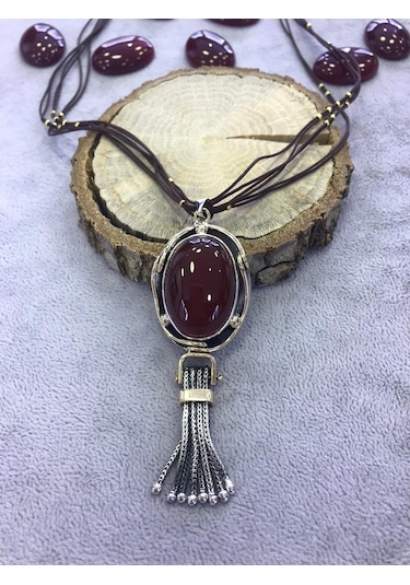 Kahverengi Akik Taşlı Gümüş Kolye 925 Ayar 512655438