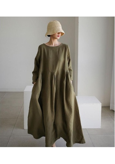 İlkbahar Ve Yaz Kadın Elbise Gevşek Büyük Boy Pamuk Keten Yuvarlak Boyun Kazak Düz Renk Uzun Elbise Askı Elbise Bej