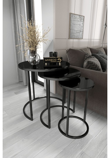 3' lü C Zigon Sehpa Siyah Ayak Siyah Ayna