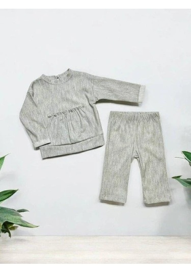Kız Bebek Kanguru Cep Detaylı Pantolonlu Takım-14895 Gri