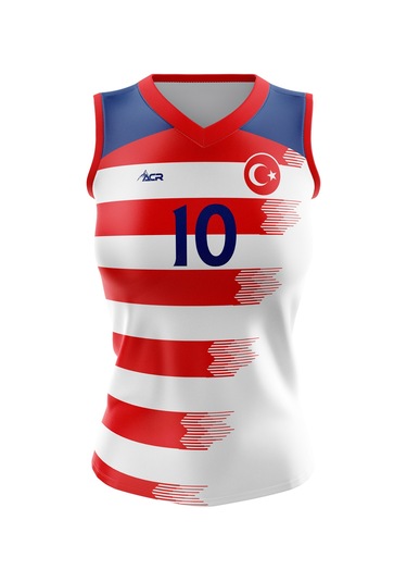 Voleybol Forması Dijital Baskı Kişiye Özel Tasarım Tek Üst M716 Beyaz - Kırmızı - Mavi