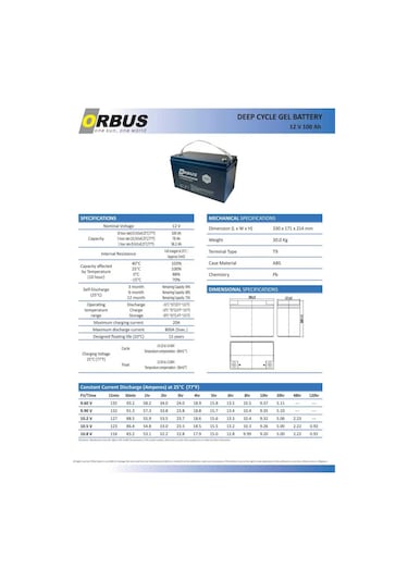 Orbus 12 Volt 100 Amper Jel Akü - Derin Döngü