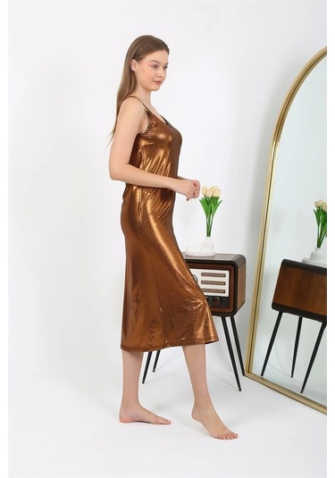 Giyim Kadın İp Askılı Uzun Parlak Micro Elbise Gecelik Kahverengi Kahve