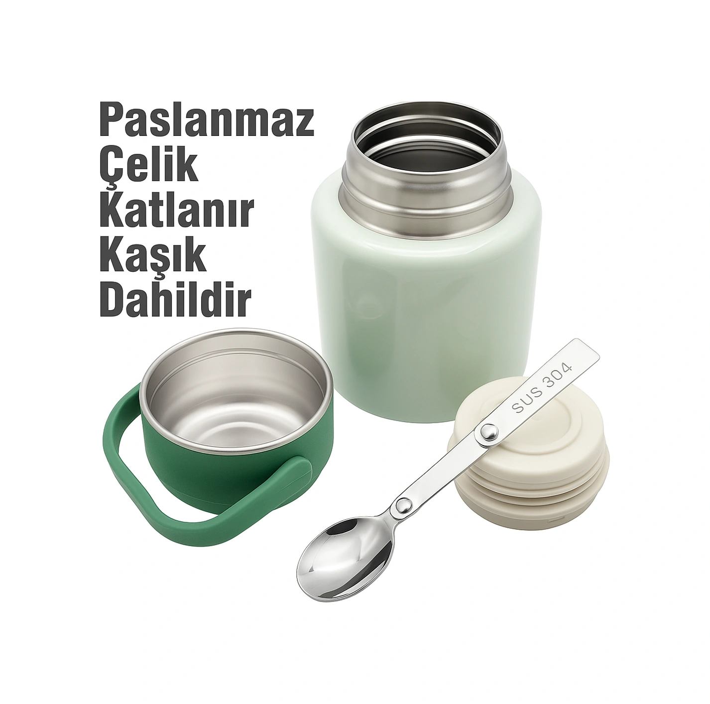Çelik Mama Termosu Sıcak Veya Soğuk Yiyecekler İçin Öğle Yemeği Termosu 500 Ml Yeşil