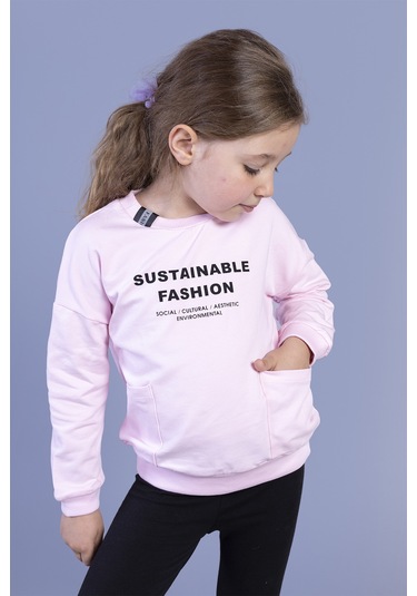 Toontoy Kız Çocuk Cep Detaylı Baskılı Sweatshirt Açık Pembe