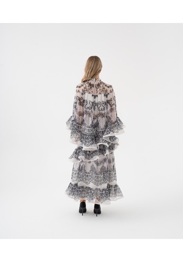 Dantel Desenli Katlı Şifon Volanlı Bluz Siyah