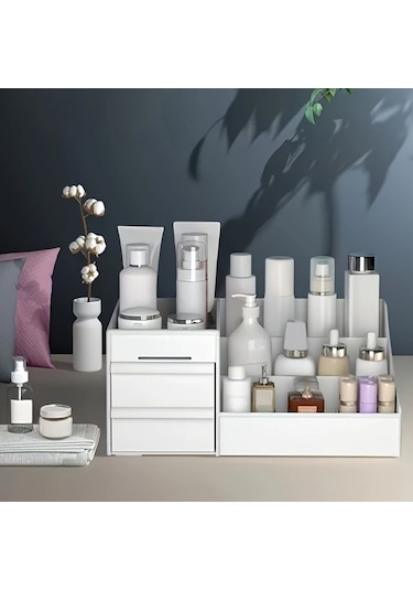 Sunshine011 Krem Ve Doğal Renkli Çok Katmanlı Makyaj Organizatörü: Çekmeceli, Bölmeli, Taşınabilir, Sağlam Krem