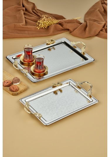 Cooker 2'li Dikdörtgen Paslanmaz Çelik Metal Tepsi Seti Gümüş