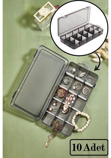Bayev 10 Adet Füme 15 Bölmeli Ayarlanabilir Bölmeli Düzenleyici Takı Boncuk Ilaç Yüzük Kutusu Organizer