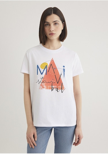 Mavi - Üçgen Baskılı Beyaz Istanbul Tişört 168892-620 Beyaz
