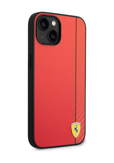 İphone Uyumlu 14 Kılıf Ferrari Lisanslı Magsafe Uyumlu Pu Deri Ve Karbon Şeritli Dizayn Kapak Kırmızı