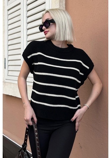 Madmext Siyah Çizgili Triko Süveter Mg2159