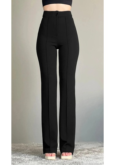 Krep Kumaş Likralı Önü Çimalı Kahverengi Kadın Palazzo Pantolon Siyah