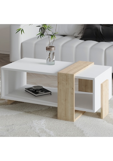 Meleni Orta Sehpa 90 Cm Modern Tasarım Raflı Beyaz/safir Meşe