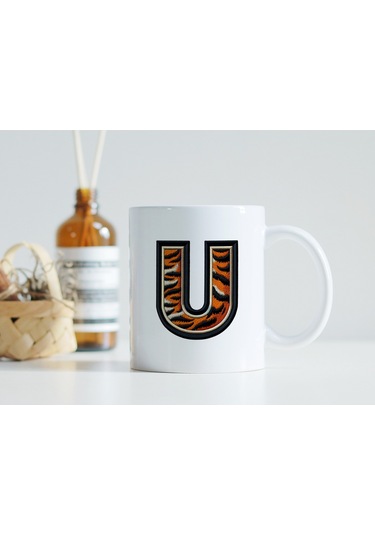 U Harfi Kaplan Figürlü Nakış Desenli Kupa Bardak - Kişiye Özel Vahşi Hayvan Desenli Kupa - Hediye Beyaz