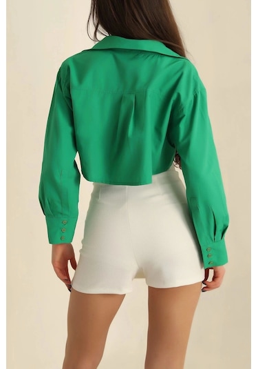 Defymoda Poplin Crop Gömlek Yeşil S3060 Yeşil