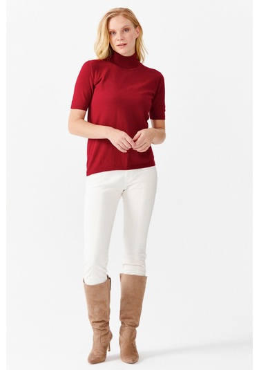 Desen Triko Kadın Likralı Kısa Kollu Tam Balıkçı Bluz 20346 Kırmı Kırmızı