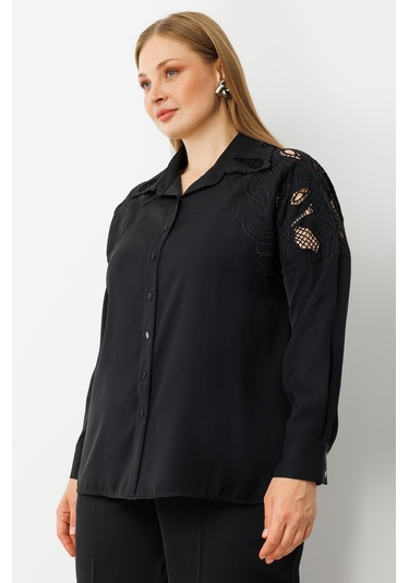 Moda İlgi Kadın Büyük Beden Nakış Detaylı Oversize Gömlek 0041 Siyah Siyah