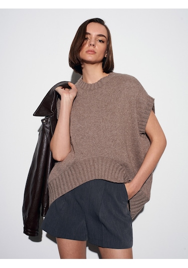 Dilvin 10839 Yün Karışımlı Oversize Süveter - Vizon