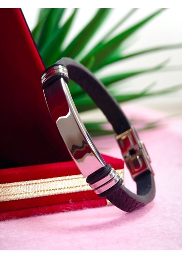 Çelik Derili Bileklik Kişiye Özel İsimli Paslanmaz Derili Çelik İsimli Bileklik 316 L Çelik Altın - Siyah