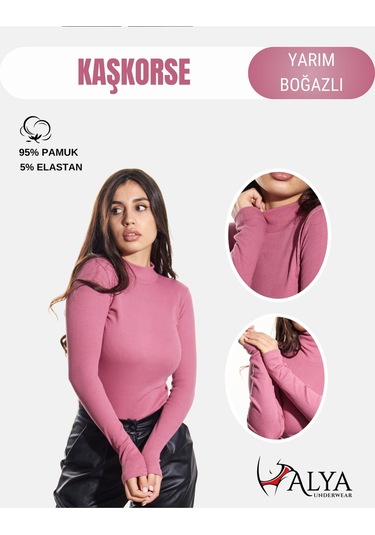Kaşkorse Yarım Boğaz Body Sweatshirt, Fitilli Kumaş, Likralı, Bordo Gül Kurusu