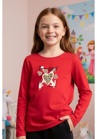 Yuvarlak Yaka Kalp Baskılı Kız Çocuk Sweatshirt Kırmızı
