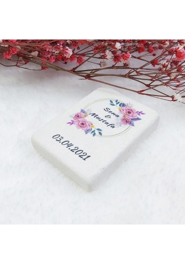 Taş Magnet 6x4 Nikah Şekeri Nişan Hediyeliği Pembe Çiçek 30 Adet