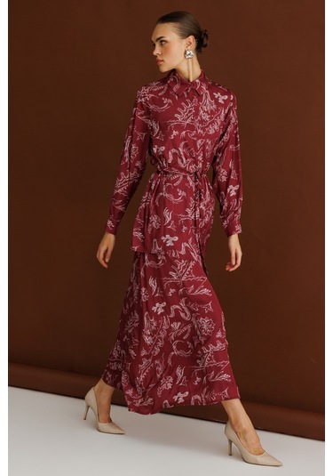 Mizalle Bordo Desenli Evaze Uzun Saten Etek Bordo