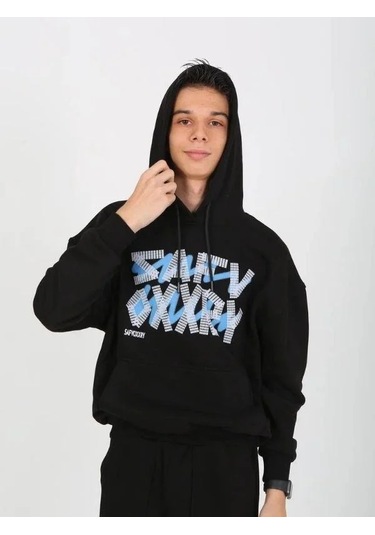 Erkek Çocuk Yazı Detaylı 2 İplik Kapüşonlu Sweatshirt-15229 Siyah