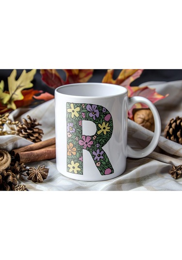 R Baş Harf Çiçek Desenleri İle Natural Tarz Kupa Bardak - Kişiye Özel Çiçekli Kahve Çay Bardak - Beyaz