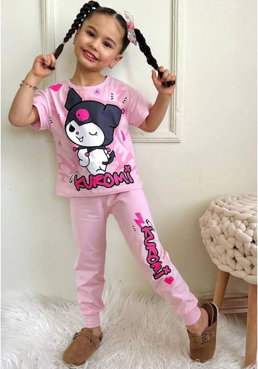 Kız Çocuk Kedi Desenli Kısa Kollu Tshırt Eşofman 2'li Takım-987 Pembe