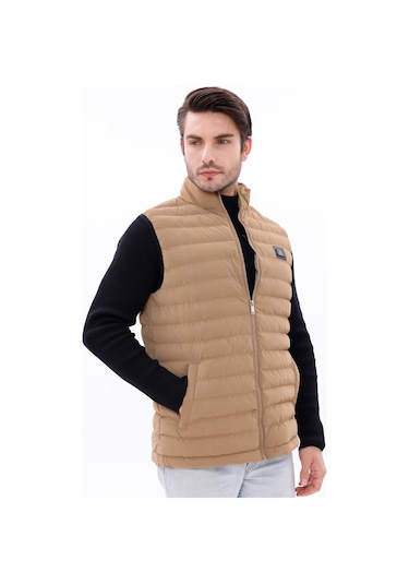 Erkek Nova Kumaş Şişme Yelek Hafif Dolgulu Fermuarlı Cepli Su İtici Rahat Kalıp Bej