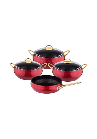 Özkent 7 Paçra Granit Güveç Tencere Seti Altın Kulp Kırmızı K-599