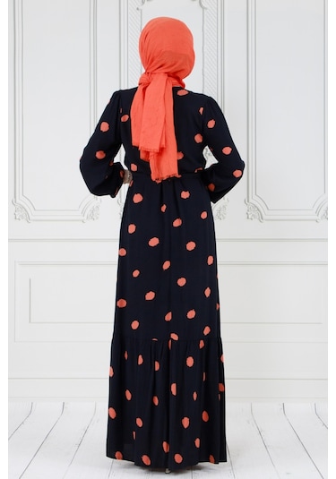 Puantiyeli Kuşaklı Tesettür Elbise-turuncu-3593-turuncu Turuncu