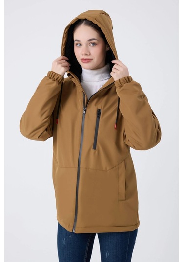 Kadın Kürklü Su Ve Rüzgar Geçirmez Kapüşonlu Kışlık Mont & Kaban & Parka Taba