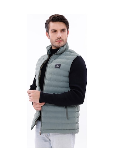 Erkek Nova Kumaş Şişme Yelek Hafif Dolgulu Fermuarlı Cepli Su İtici Rahat Kalıp Yeşil