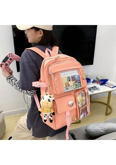 Aubyhe Kız Çocukları İçin Hafif Okul Çantası, Büyük Kapasiteli Çift Omuzlu Çanta, Pembe Dörtlü Set Ve Aksesuar Dahil Pembe