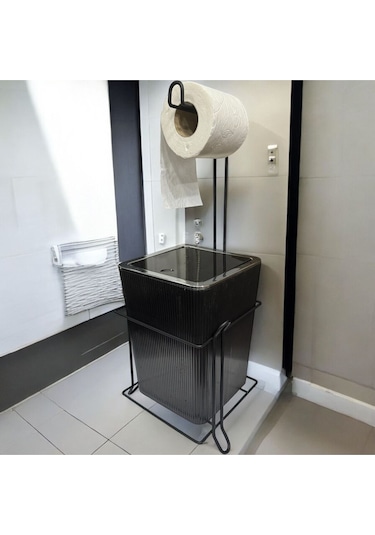 Suntel Lüks Banyo Mutfak Çöp Kovası Metal Standlı Tuvalet Kağıtlık Seti Siyah
