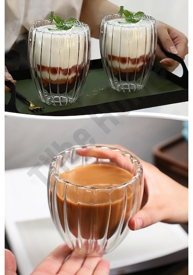 2'li Çift Cidarlı Burgulu Kristal Cam Bardağı Çay Süt Kahve Kupası Sıcak & Soğuk İçecek Bardak Seti