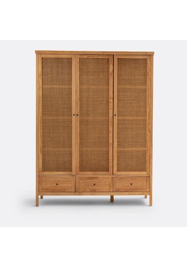 Altea Rattan Detaylı Geniş Masif Gardrop Ahşap