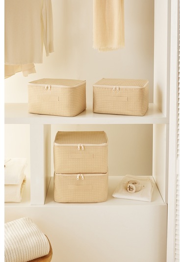 Home Wave 4'lü Küçük Boy Bej Pötikare Hurç Set 30 x 22 x 18 cm