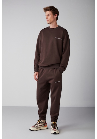Raırok  Erkek Içi Polarlı Comfort Oversize Nakışlı Kahverengi Sweatshirt