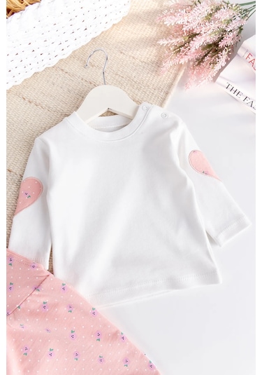 Çiçekli Fırfırlı 100% Pamuk 2'li Kız Bebek Salopet Tulum Set Somon